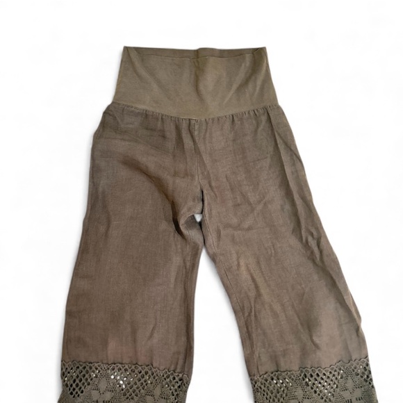 Yogi Brown high waisted Wide Leg crochet inlay 100% linen Pants size medium - Picture 5 of 7